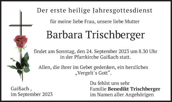 Traueranzeige von Barbara Trischberger von merkurtz
