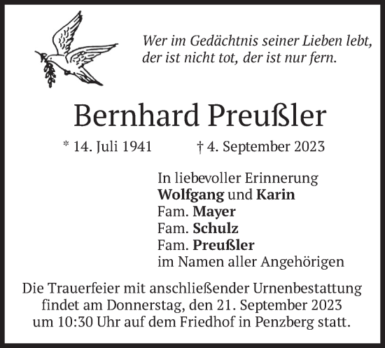 Traueranzeige von Bernhard Preußler von merkurtz