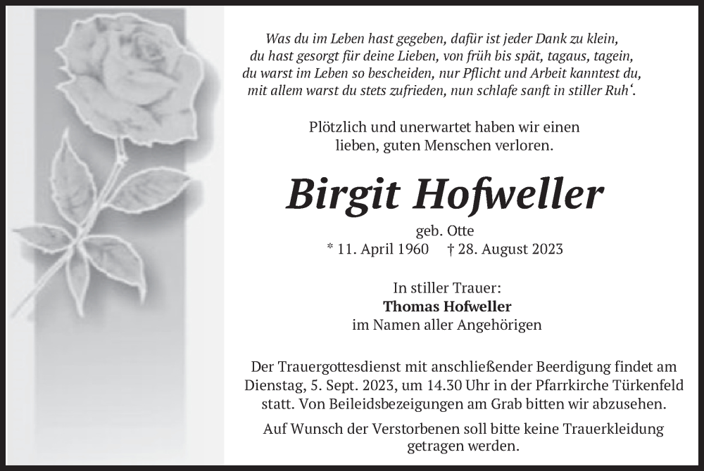  Traueranzeige für Birgit Hofweller vom 02.09.2023 aus merkurtz