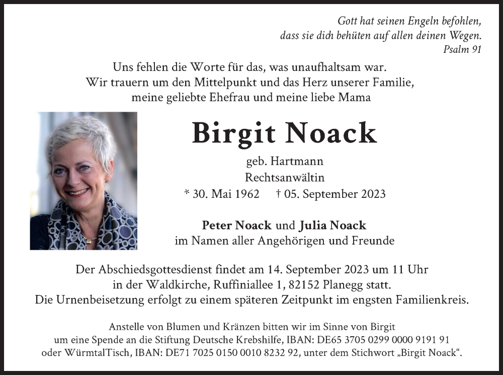  Traueranzeige für Birgit Noack vom 08.09.2023 aus merkurtz