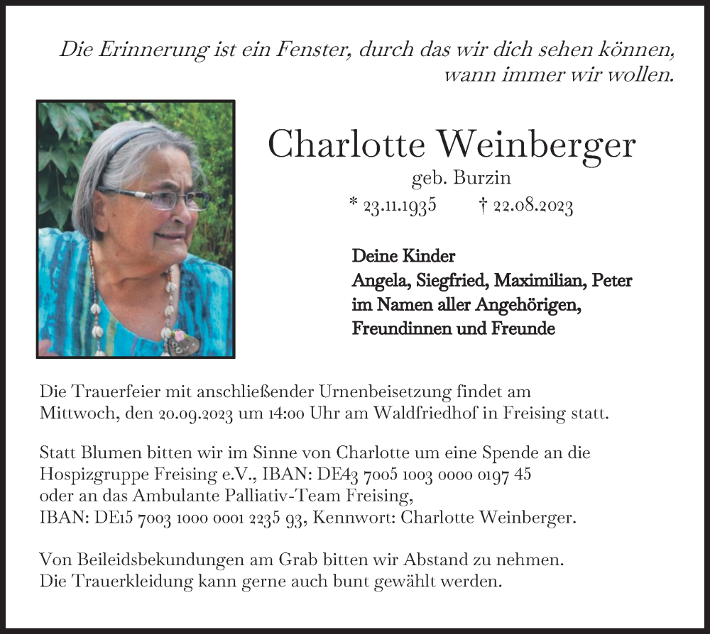 Traueranzeige für Charlotte Weinberger vom 16.09.2023 aus merkurtz