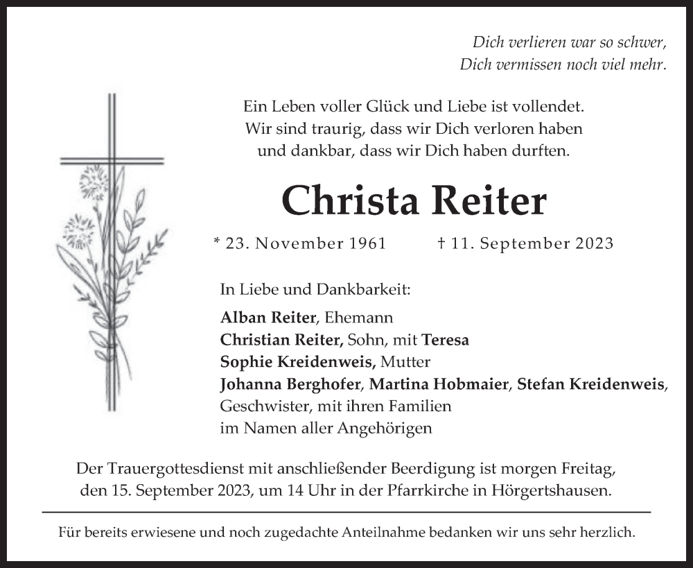 Traueranzeigen Von Christa Reiter | Trauer.merkur.de