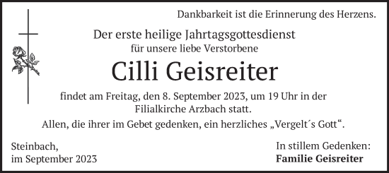 Traueranzeige von Cilli Geisreiter von merkurtz