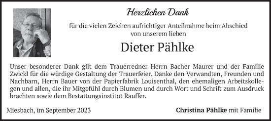 Traueranzeige von Dieter Pählke von merkurtz
