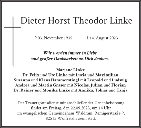 Traueranzeige von Dieter Horst Theodor Linke von merkurtz
