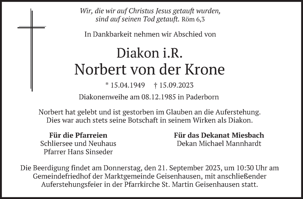  Traueranzeige für Norbert von der Krone vom 19.09.2023 aus MERKURTZ