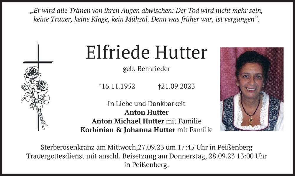  Traueranzeige für Elfriede Hutter vom 23.09.2023 aus merkurtz