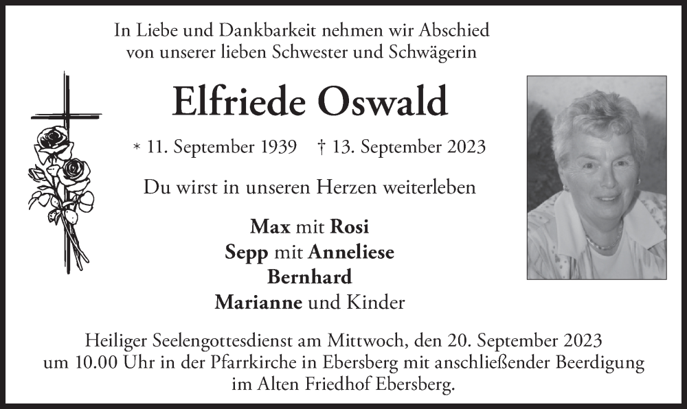  Traueranzeige für Elfriede Oswald vom 19.09.2023 aus merkurtz