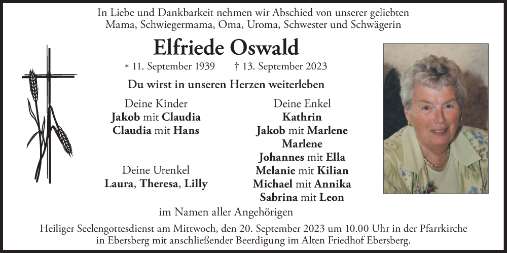  Traueranzeige für Elfriede Oswald vom 16.09.2023 aus merkurtz
