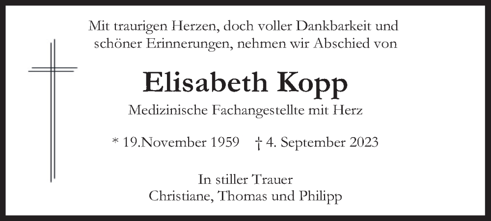  Traueranzeige für Elisabeth Kopp vom 16.09.2023 aus merkurtz
