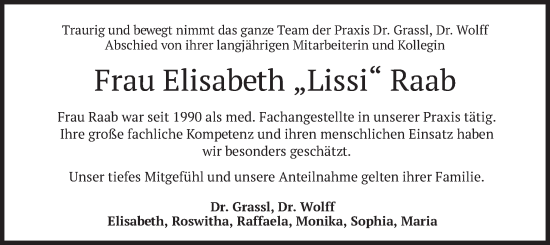 Traueranzeige von Elisabeth Raab von merkurtz