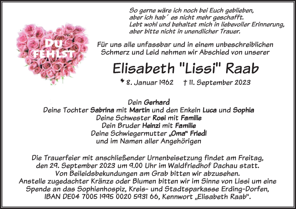  Traueranzeige für Elisabeth Raab vom 23.09.2023 aus merkurtz