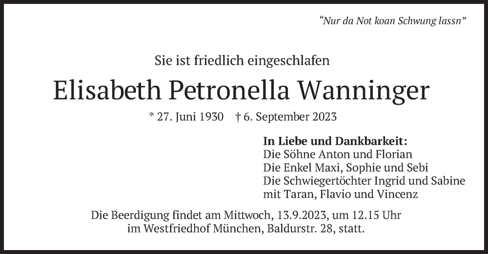  Traueranzeige für Elisabeth Petronella Wanninger vom 08.09.2023 aus merkurtz