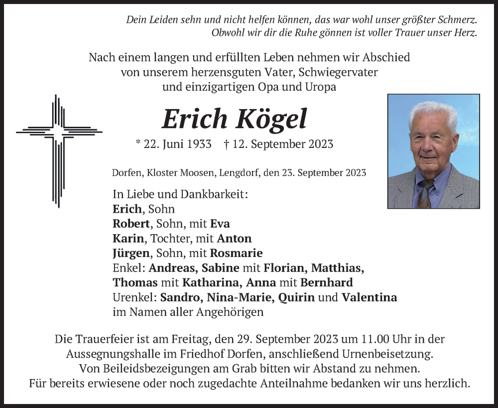  Traueranzeige für Erich Kögel vom 23.09.2023 aus merkurtz