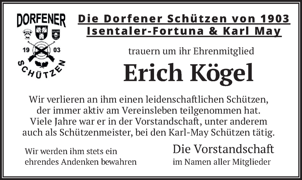  Traueranzeige für Erich Kögel vom 29.09.2023 aus merkurtz