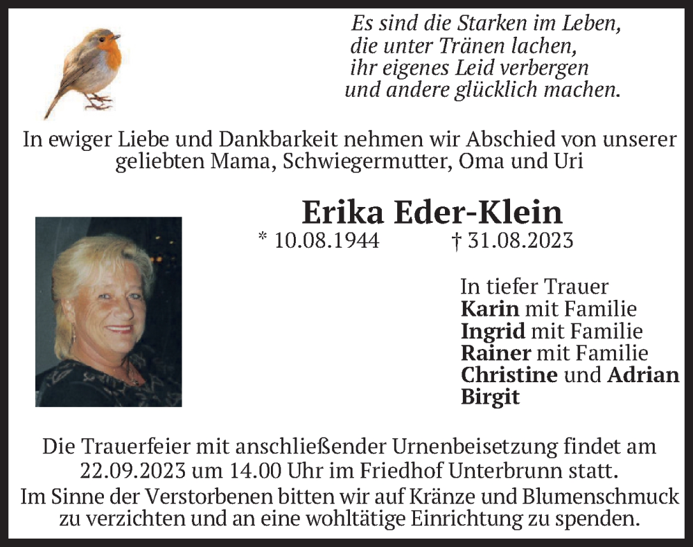  Traueranzeige für Erika Eder-Klein vom 16.09.2023 aus merkurtz