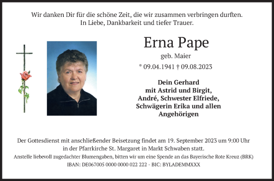 Traueranzeige von Erna Pape von merkurtz