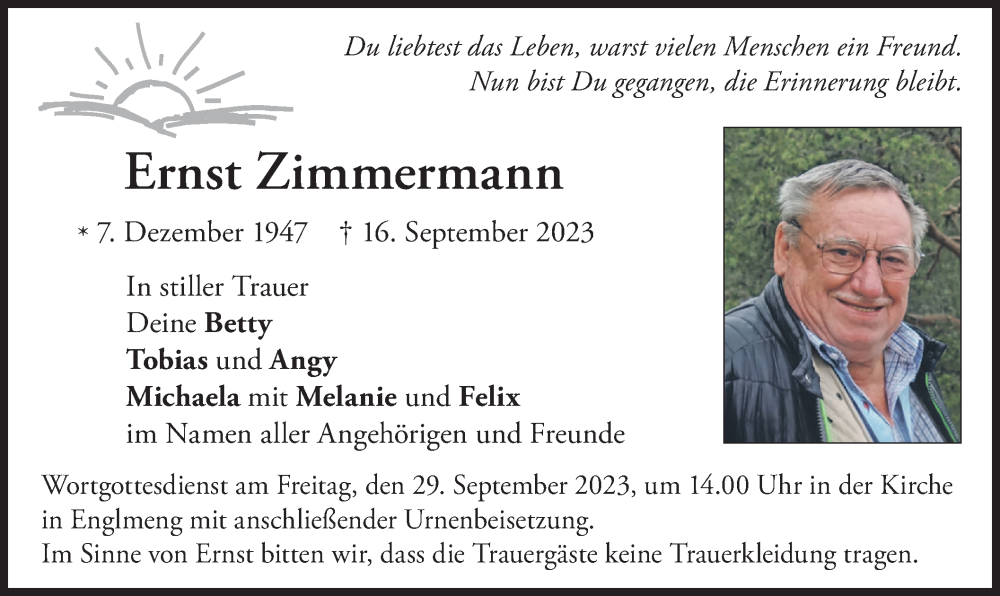  Traueranzeige für Ernst Zimmermann vom 23.09.2023 aus merkurtz