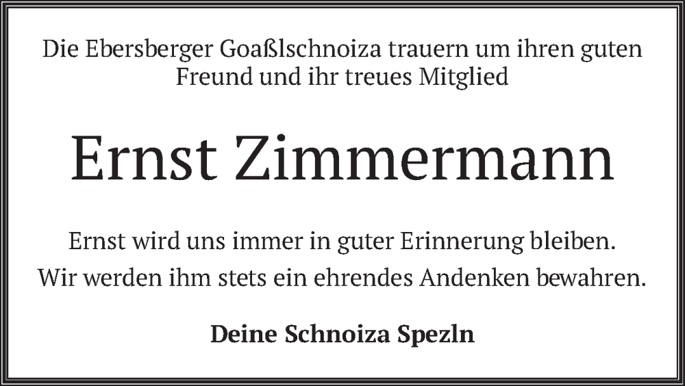  Traueranzeige für Ernst Zimmermann vom 26.09.2023 aus merkurtz