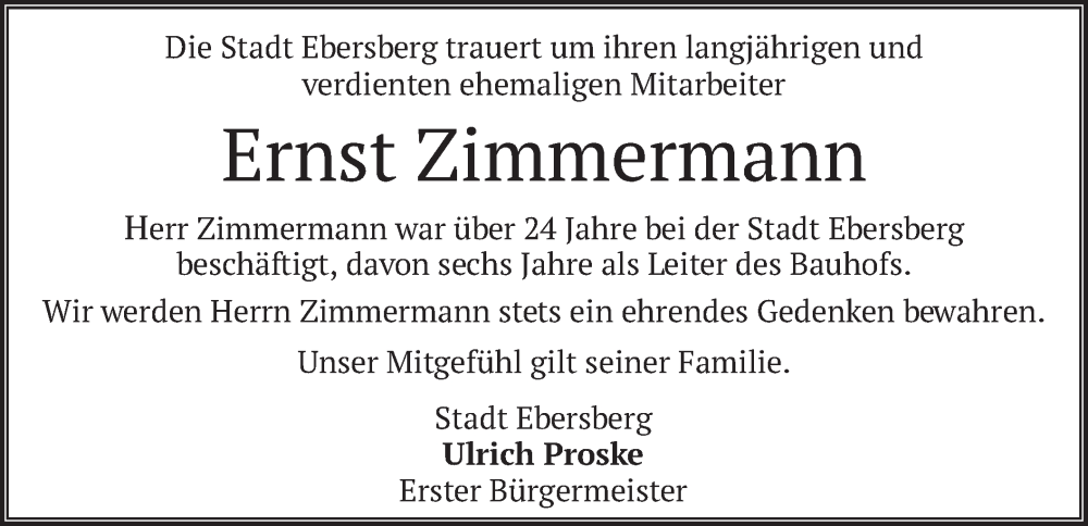  Traueranzeige für Ernst Zimmermann vom 23.09.2023 aus merkurtz