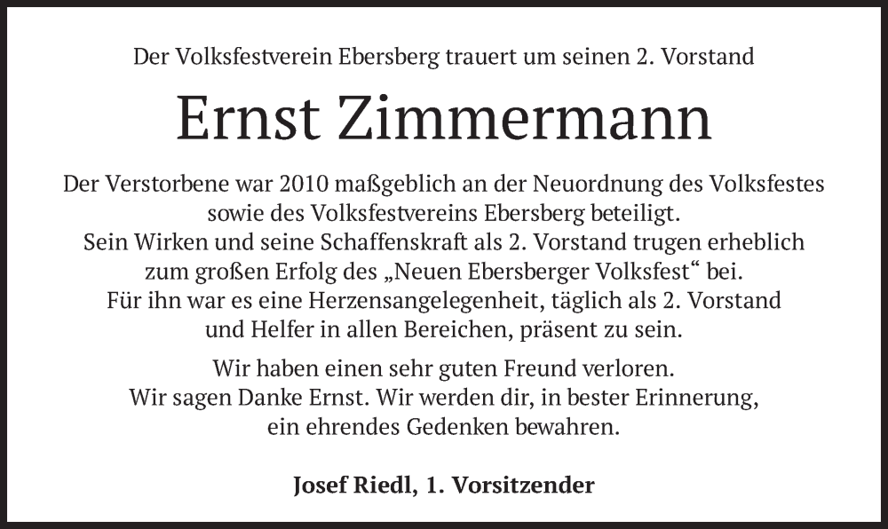  Traueranzeige für Ernst Zimmermann vom 23.09.2023 aus merkurtz