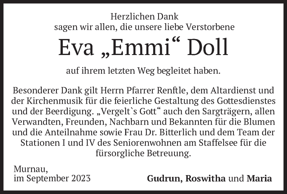  Traueranzeige für Eva Doll vom 28.09.2023 aus merkurtz