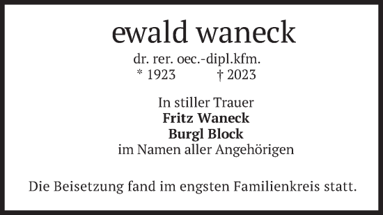 Traueranzeige von Ewald Waneck von merkurtz