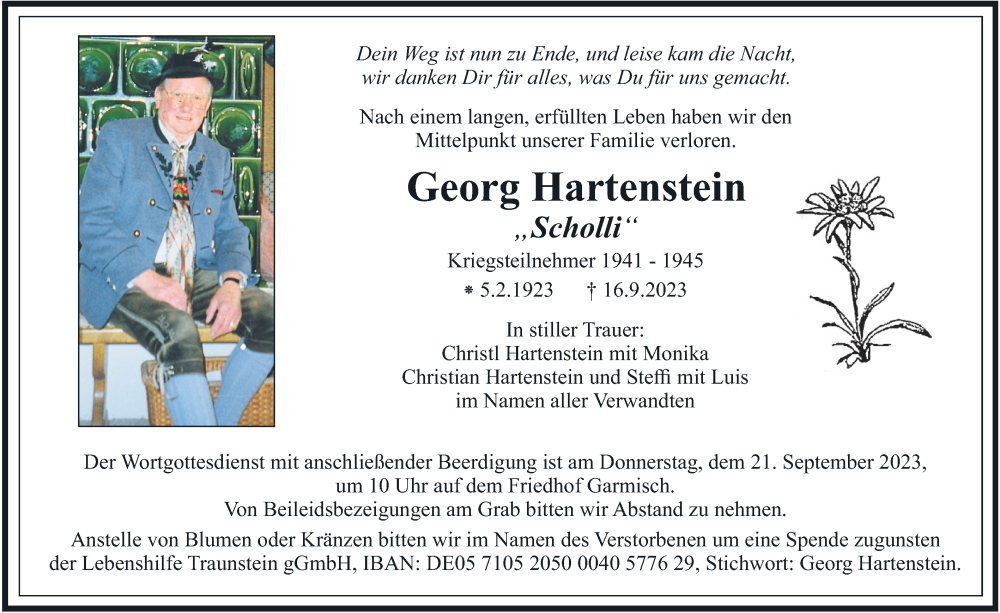  Traueranzeige für Georg Hartenstein vom 19.09.2023 aus MERKURTZ