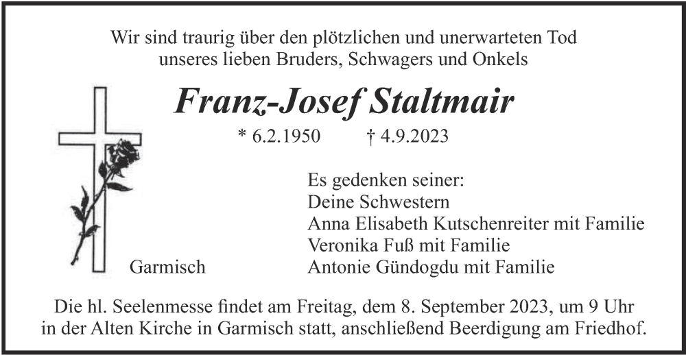  Traueranzeige für Franz-Josef Staltmair vom 06.09.2023 aus merkurtz