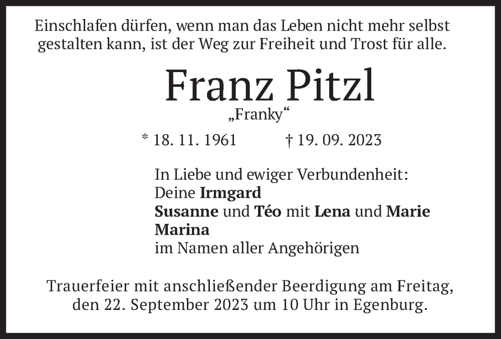  Traueranzeige für Franz Pitzl vom 21.09.2023 aus merkurtz