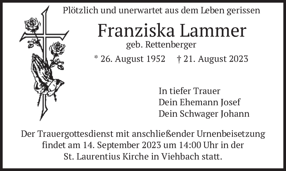  Traueranzeige für Franziska Lammer vom 09.09.2023 aus merkurtz