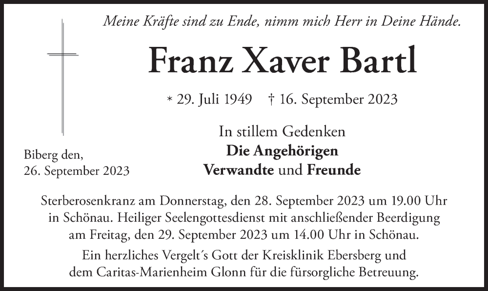  Traueranzeige für Franz Xaver Bartl vom 26.09.2023 aus merkurtz