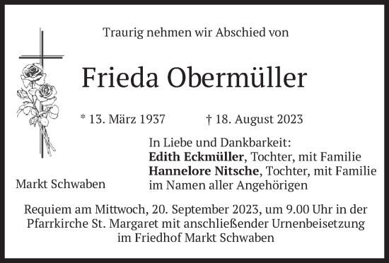 Traueranzeige von Frieda Obermüller von merkurtz