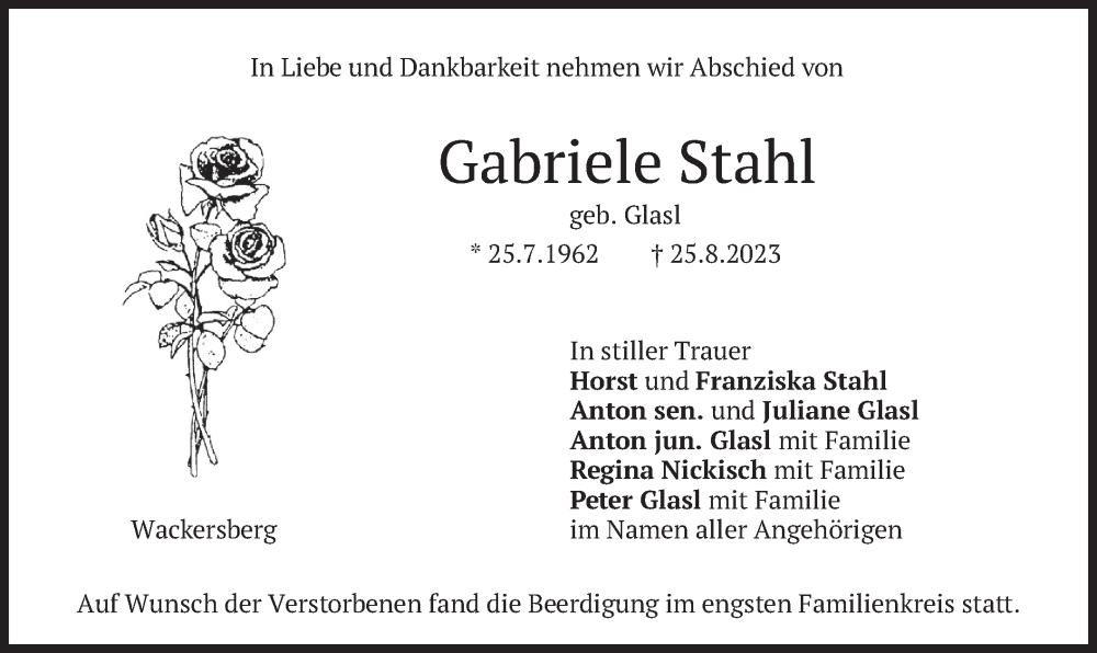  Traueranzeige für Gabriele Stahl vom 02.09.2023 aus merkurtz