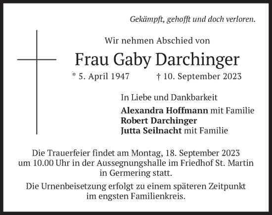 Traueranzeige von Gaby Darchinger von merkurtz