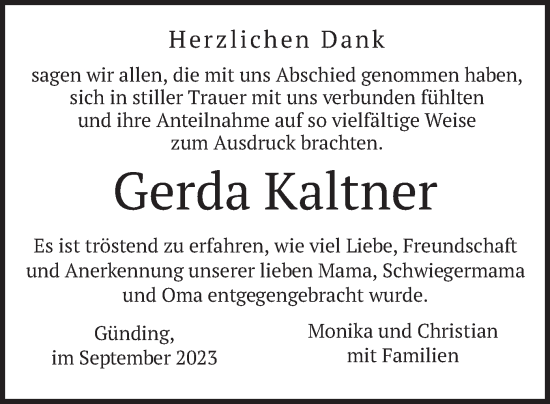 Traueranzeige von Gerda Kaltner von merkurtz
