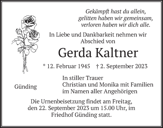 Traueranzeige von Gerda Kaltner von merkurtz