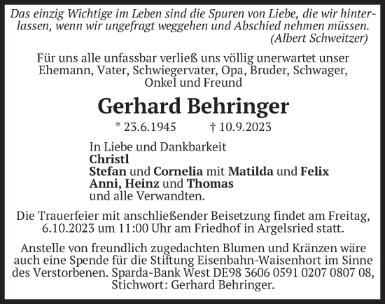 Traueranzeige von Gerhard Behringer von merkurtz
