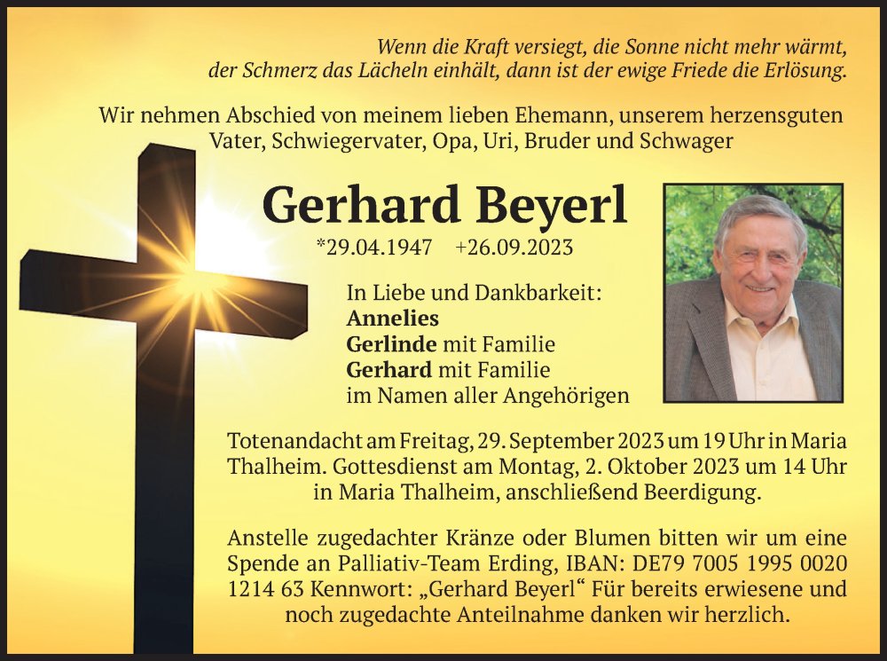  Traueranzeige für Gerhard Beyerl vom 28.09.2023 aus merkurtz