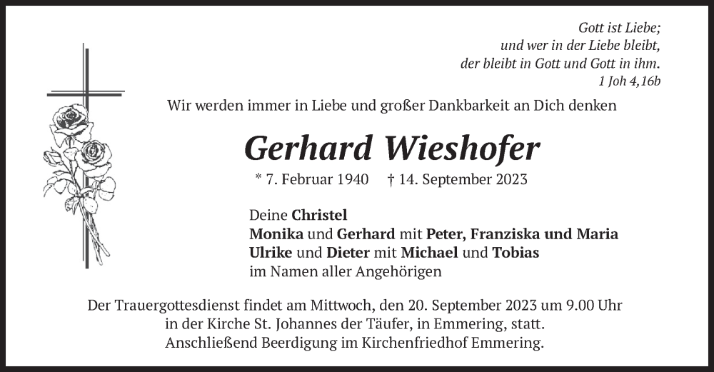  Traueranzeige für Gerhard Wieshofer vom 16.09.2023 aus merkurtz