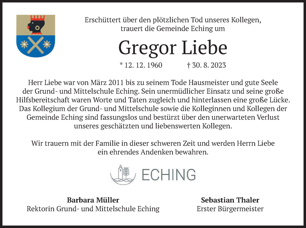  Traueranzeige für Gregor Liebe vom 09.09.2023 aus merkurtz