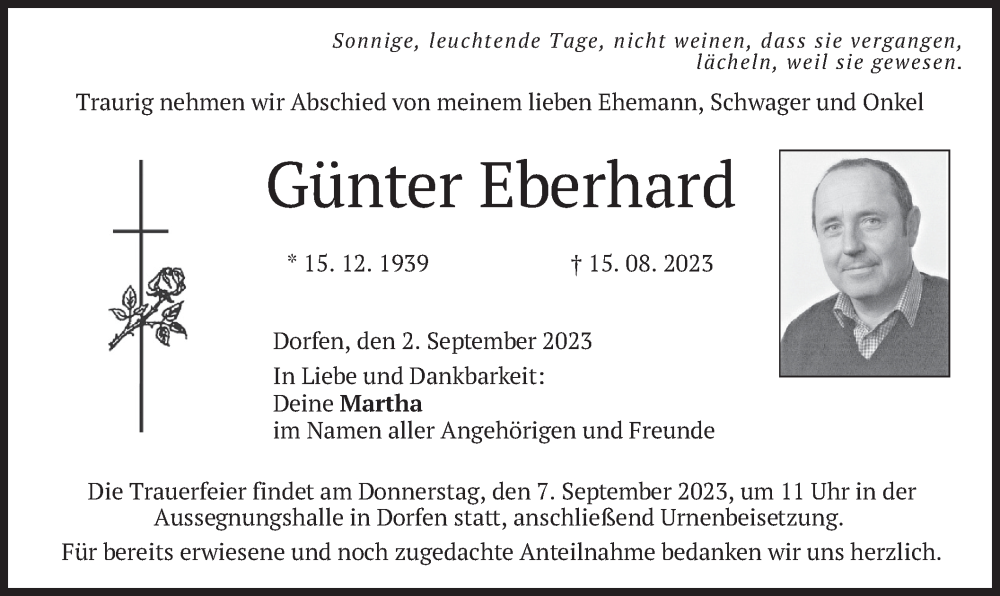  Traueranzeige für Günter Eberhard vom 02.09.2023 aus merkurtz