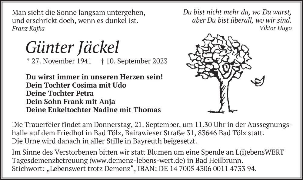  Traueranzeige für Günter Jäckel vom 16.09.2023 aus merkurtz