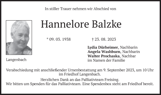 Traueranzeige von Hannelore Balzke von merkurtz