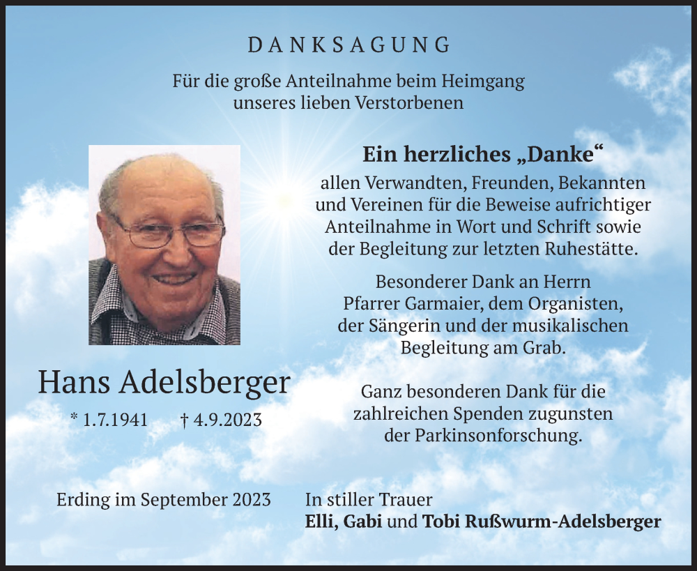  Traueranzeige für Hans Adelsberger vom 23.09.2023 aus merkurtz