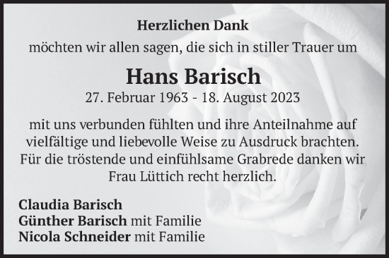 Traueranzeige von Hans Barisch von merkurtz
