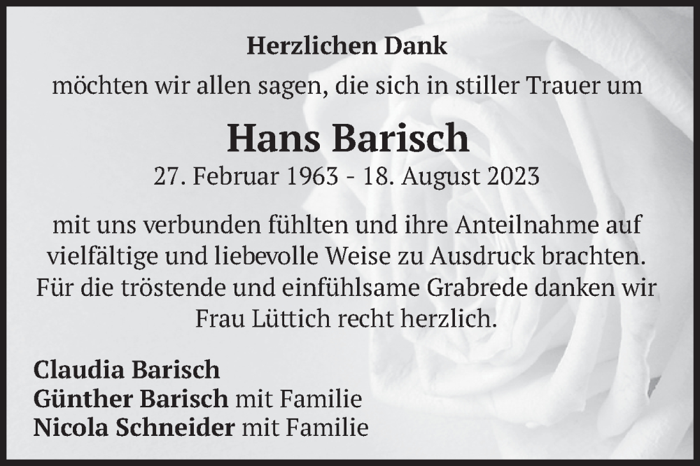  Traueranzeige für Hans Barisch vom 23.09.2023 aus merkurtz