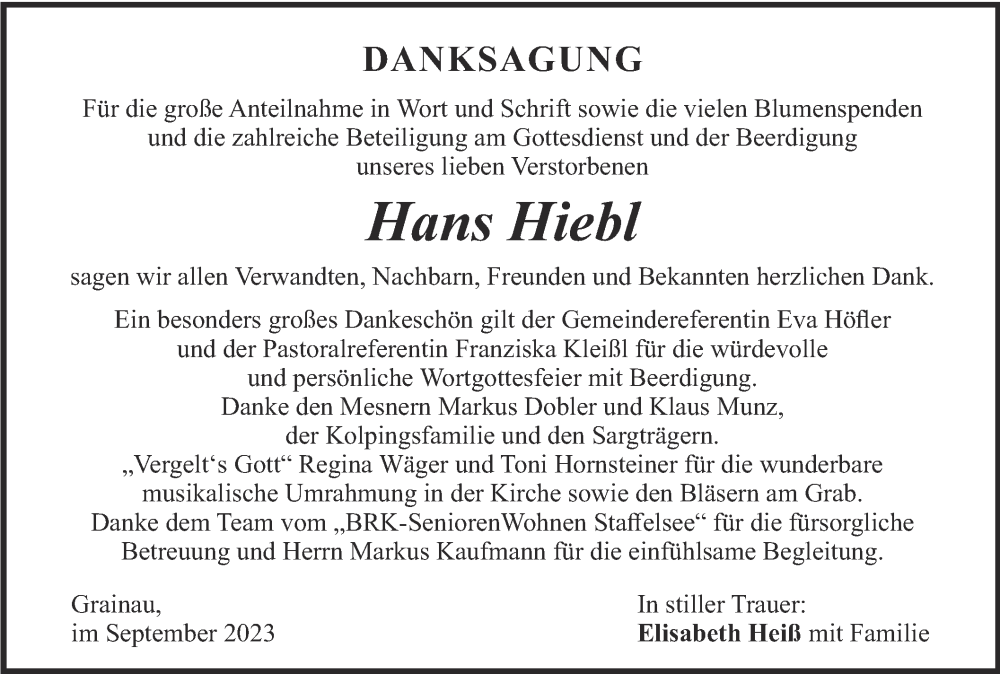  Traueranzeige für Hans Hiebl vom 30.09.2023 aus merkurtz