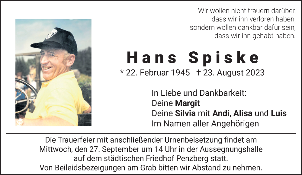  Traueranzeige für Hans Spiske vom 23.09.2023 aus Das Gelbe Blatt Penzberg