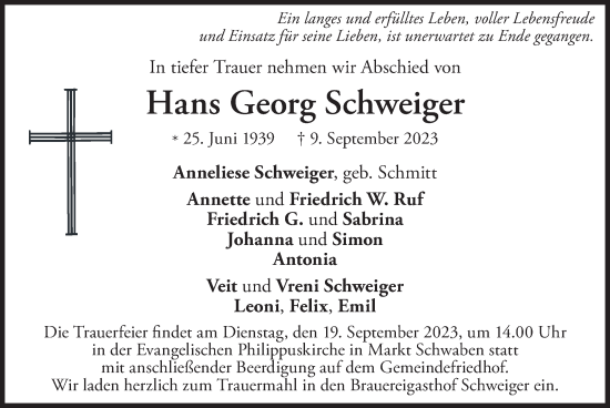 Traueranzeige von Hans Georg Schweiger von merkurtz